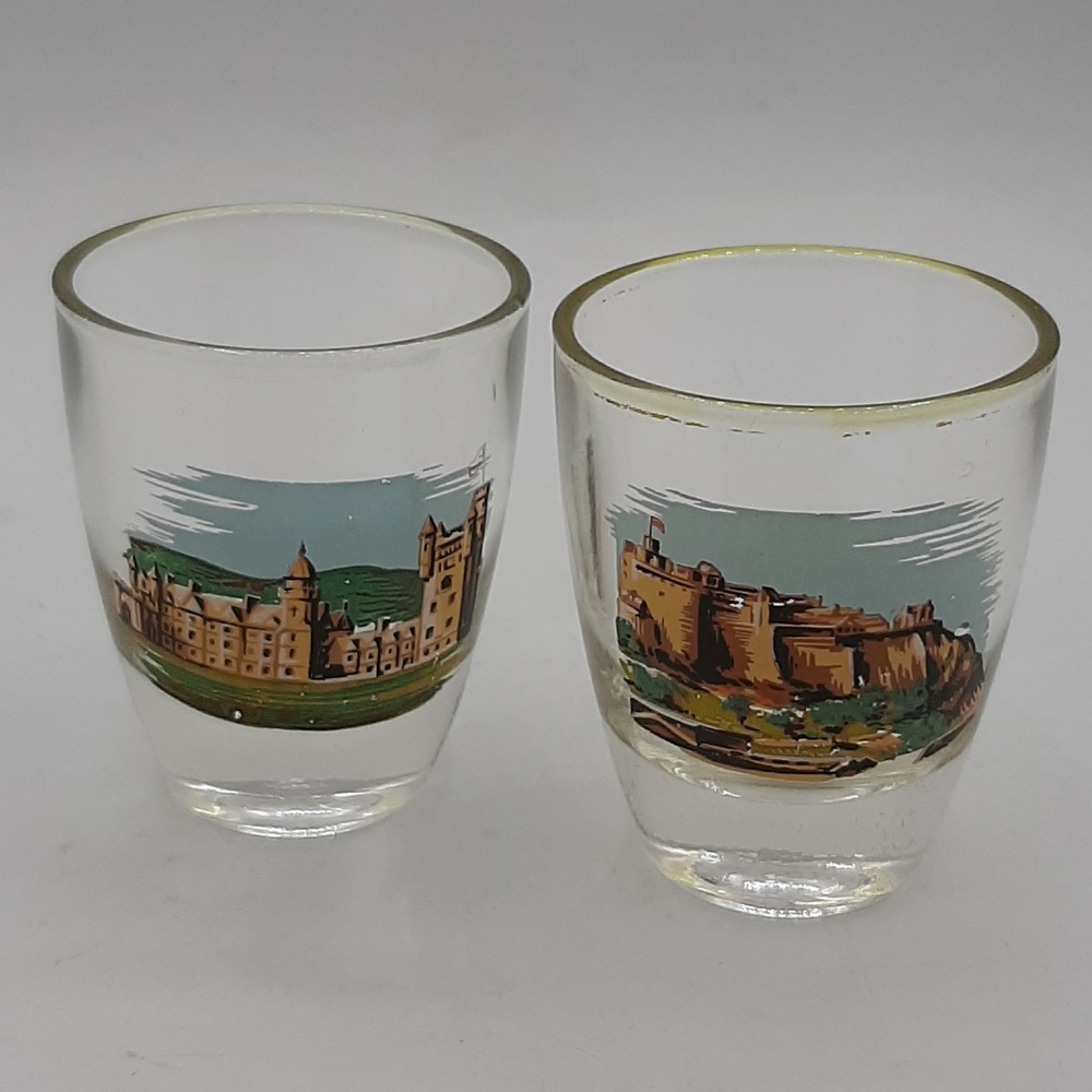 Set Of 2 Vintage Shot Glasses Made In France Castles Barware Estate Find